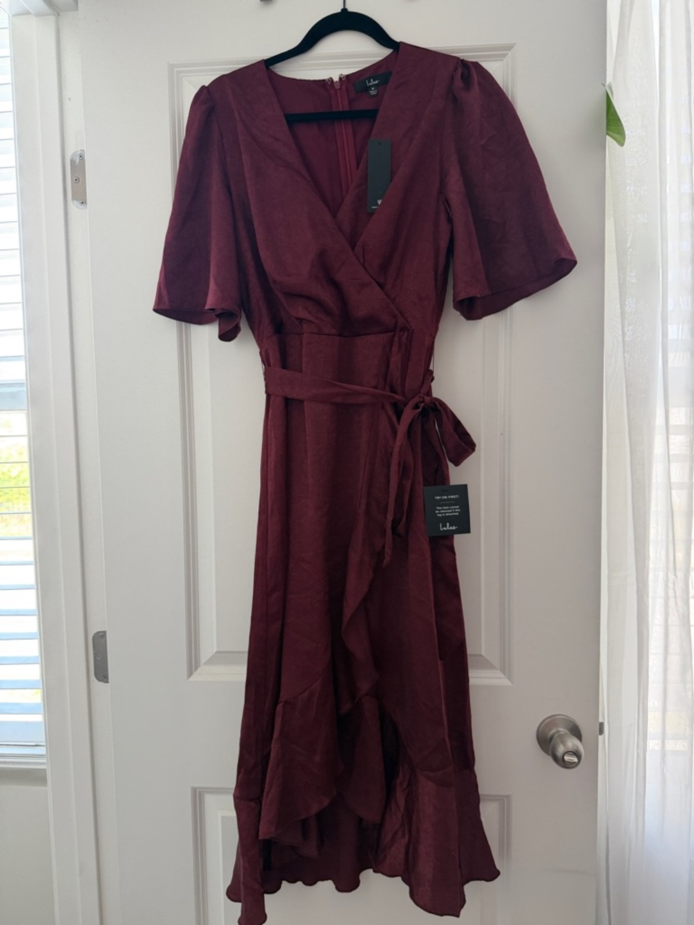 Lulu's Wine Wrap High-Low Ruffle Midi Dress - Picture 4 of 7